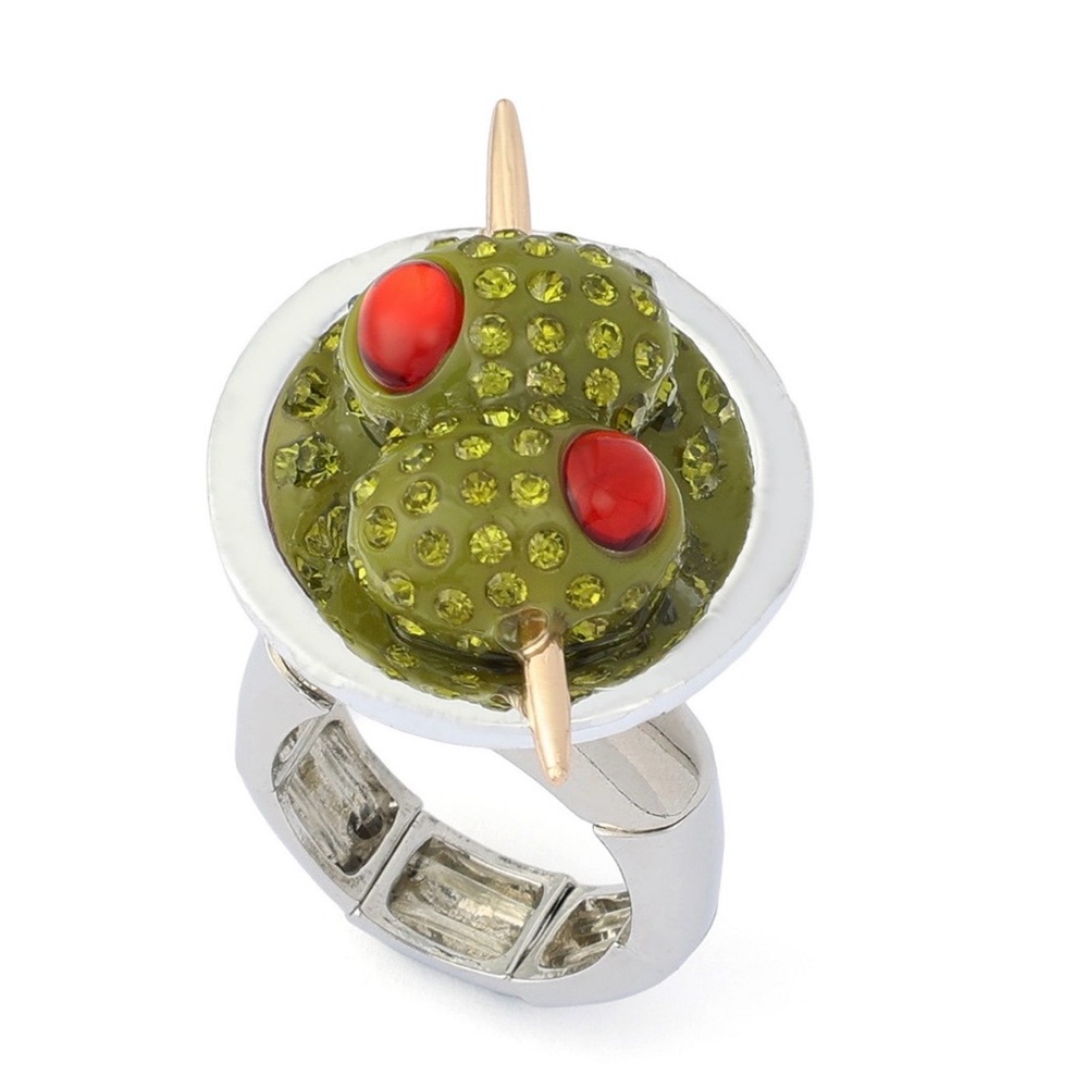 NWT Women BETSEY JOHNSON Adjustable Sparkly Soiree Martini cocktail 🍸 🫒 Ring - Picture 6 of 7